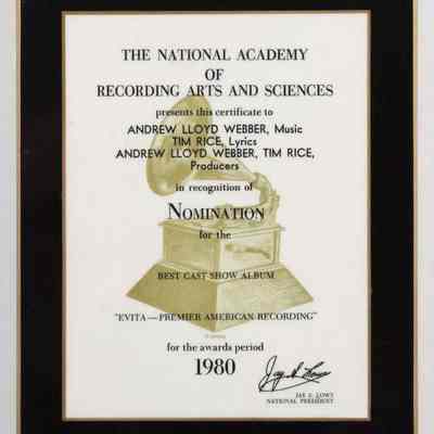 EVITA GRAMMY NOMINATION PLAQUE