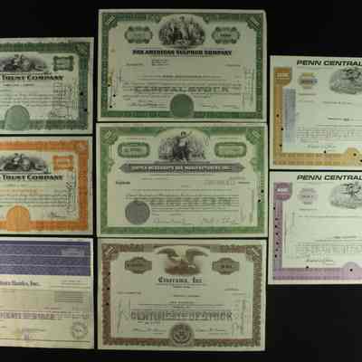 Lot of (8) Vintage Stock Certificates from 1931-1995