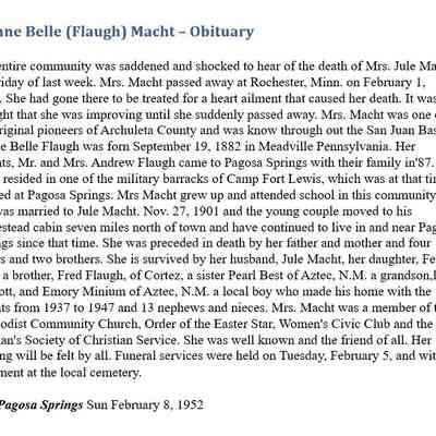 Jennie Belle Flaugh Macht Obituary | Feb 8, 1952