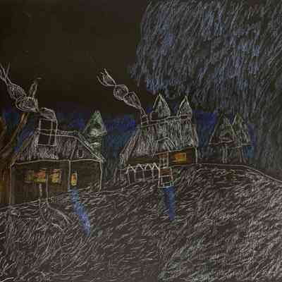 Fairmont - Roland Duran - Great Neighborhood in the Woods - 9x12 col pencil on blk paper