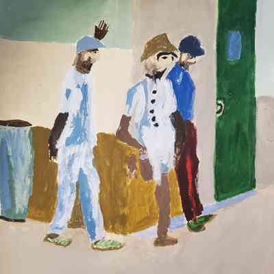 Openhouse Sat. - Gary Allen - Father, Son and Grandson Discuss the Future - 9x12 acrylic on paper - Selected
