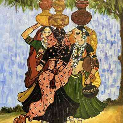 On Lok Peralta - Usha Bhatnagar - Gossiping - oil on board - Selected