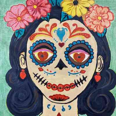 MNC - Graciela Kwong - Sebastien in Mexico, Conor, Flores, and La Catrina - 12x9 acrylic on canvas - Selected
