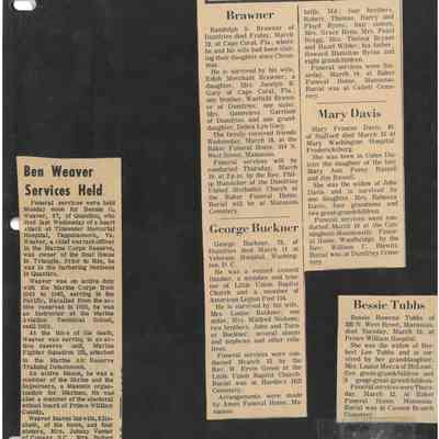 Obituaries of Bennie O. Weaver, Randolph S. Brawner, George Buckner, Mary Frances Davis and Bessie Rowena Tubbs