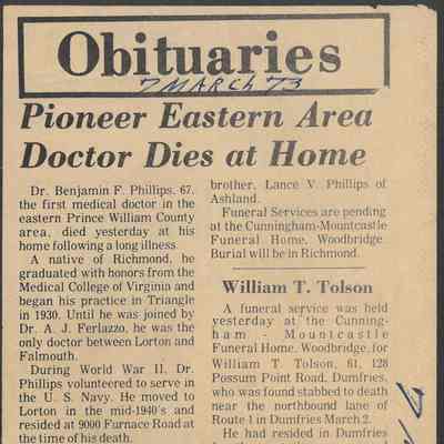 1973 Potomac News Article: Obituary for Dr. Benjamin F. Phillips