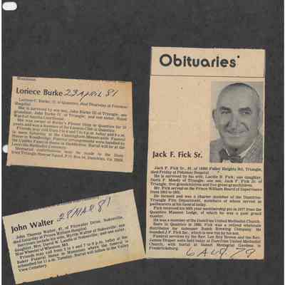 Obituaries' of Jack F. Fick Sr., John Walter and Loriece Burke