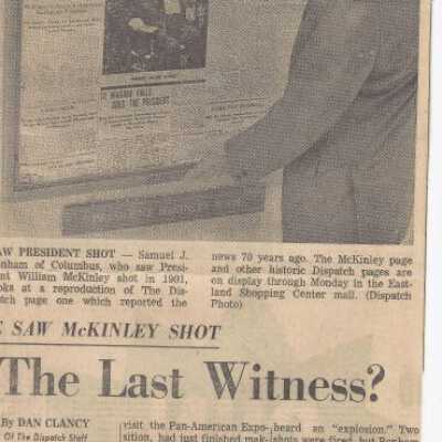 Newspaper clipping of a story of Samuel J. Bonham, one of the witnesses to the McKinley assasination as reported by the Columbus Evening Dispatch in 1971.
