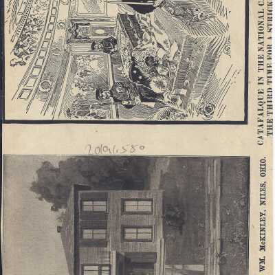 Pictures of the parents of President McKinley. On the back is also a sketch of his birthhome in Niles, Ohio.