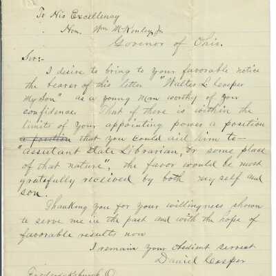Letter to Gov. McKinley From Daniel Casper.