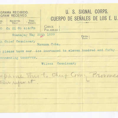 Telegram from Wilcox Commissary to Smith Chief Commissary Havana, Cuba