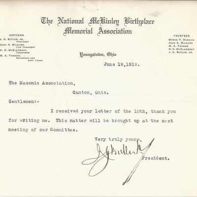 Letter from J.G. Butler Jr. to the Canton Masonic Association