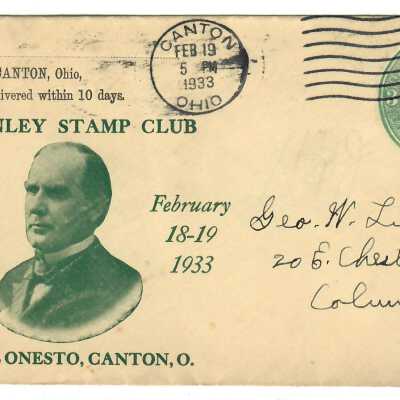 McKinley Stamp Club Hotel Onesto, Canton, O. Envelope Cover Addressed to Geo. W. Linn, 1933.