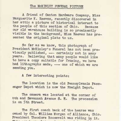 Letter from The Canton Hardware Company describing where the picture of the McKinley funeral procession originated