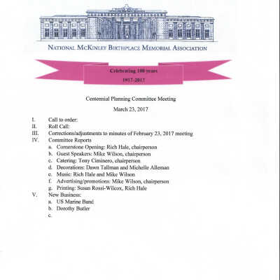 March 23, 2017 Centennial Planning Committee Agenda