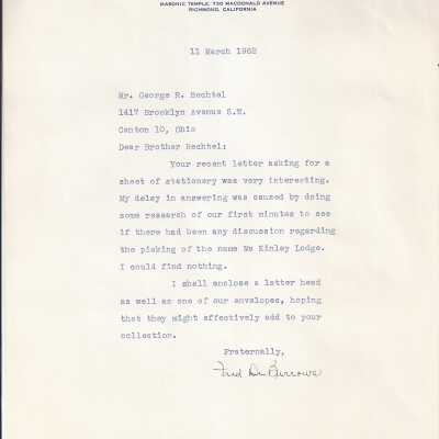 McKinley Lodge No. 347, F.& A.M. letter