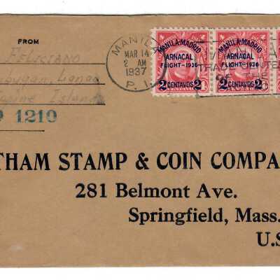 McKinley Four Centavos Philippine Islands Postage Stamp 1937 Envelope Addressed to Tatham Stamp & Coin Company.