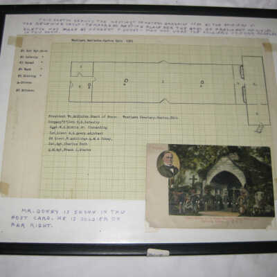 Framed postcard and sketch of soldiers positions at Westlawn Cemetery