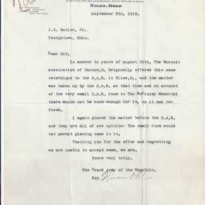 Letter from Grand Army of the Republic to J.G. Butler, Jr.