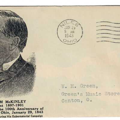 Wm. McKinley, President, 100th Birth Anniv. Env. Cover, Jan. 29, 1943, Addressed to W. H. Green.