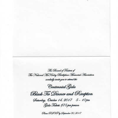 National McKinley Birthplace Memorial entennital Gala Invitation