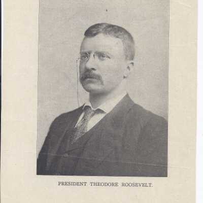Newspaper supplement that has an image of the Temple of Music on one side and a portrait of Theodore Roosevelt on the other.