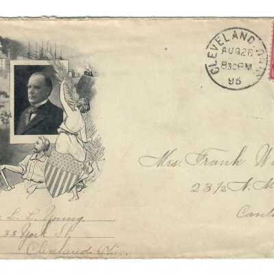 President William McKinley Industrial Scenes Envelope From Miss L.L. Young to Mrs. Frank Woolf, Aug. 26, 95 (1895).