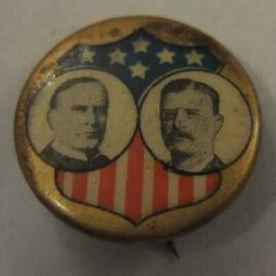McKinley and Roosevelt pin with w\shield background and offset image