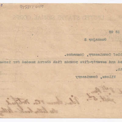 Sept 5, 1899 telegram from Wilcox, Commissary at Guanajay, Cuba to Chief Commissary at Quemados