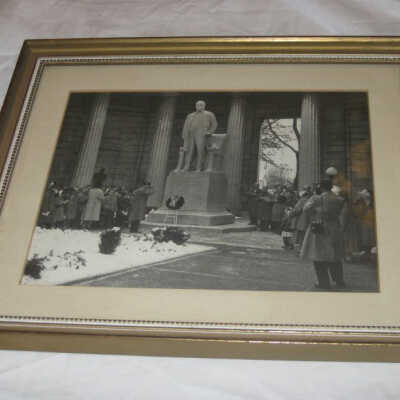 Photograph of McKinley statue and people at memorial