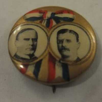 McKinley and Roosevelt pin offset image on gold with red/white/blue ribbon background