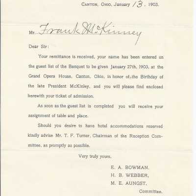 McKinley Birthday Banquet Remittance Letter to Frank M. Kinney