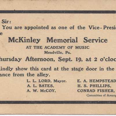 Post card for the apointment of Vice-President at a William McKinley memorial service in Meadeville, PA.