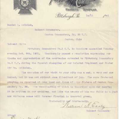Letter from the Knight's Templar Pittsburgh Commandery to the Canton Commandery