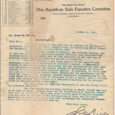 Ohio Republican State Executive Committee Letter to Frank E. Miller.