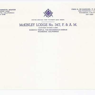 McKinley Lodge No. 347, F.& A.M. half sheet letterhead #2