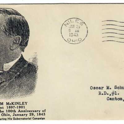 Wm. McKinley, President, 100th Birth Anniv. Env. Cover, Jan. 29, 1943, Addressed to Oscar M. Schulze.