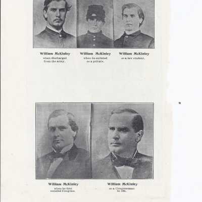 Newspaper supplement that has an image of McKinley and his wife during their first trip to the Pacific coast on one side and on the other various pictures of McKinley during his time spent in the army and in Congress