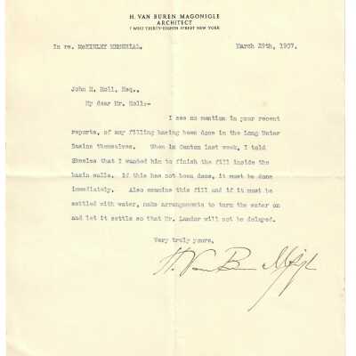Letter to John H. Holl from H. Van Buren Magonigle, Architect.
