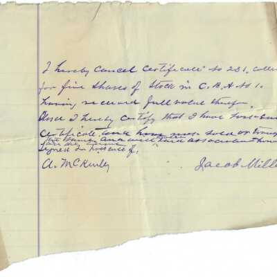 Letter to Association From Jacob Miller Cancelling Shares.