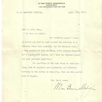 Letter to John H. Holl from H. Van Buren Magonigle, Architect.