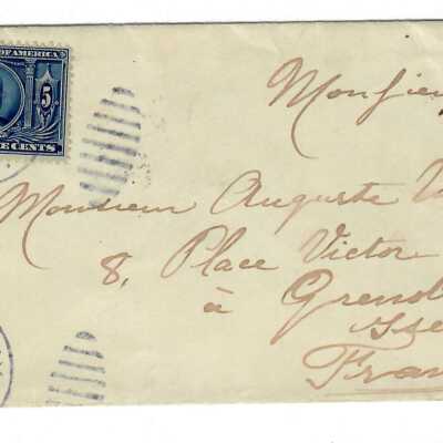 McKinley Five Cent Postage Stamp Sept. 30, 1904 Envelope Addressed to Monsieur Auguste Vincent.