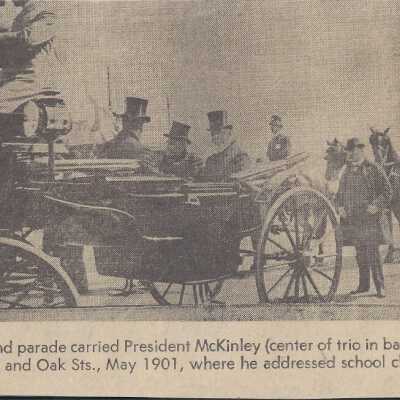 Newspaper image of President McKinley sitting in a carriage during a parade in Oakland, May 1901 .