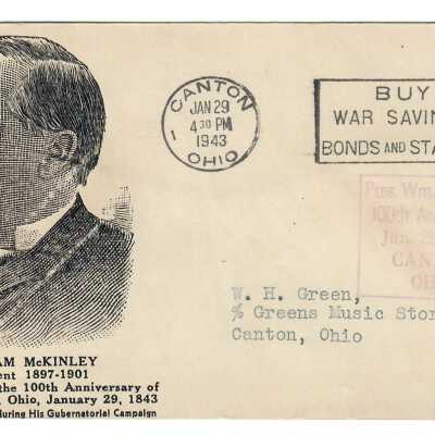 President Wm. McKinley 100th Birth Anniv. Env. Cover, Jan. 29, 1943, Addressed to W. H. Green.