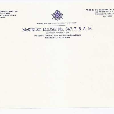 McKinley Lodge No. 347, F.& A.M. half sheet letterhead