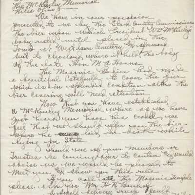 Letter from the Masonic Association the Valley of Cleveland to the William McKinley National Birthplace Association