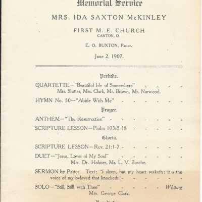 Memorial Service for Mrs. Ida Saxton McKinley