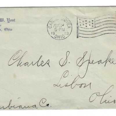 Wm. McKinley Memorial Hospital League Stamp on Envelope from Dr. Edwin W. Yost to Charles S. Speakes Esq., Aug. [1?], 1913.