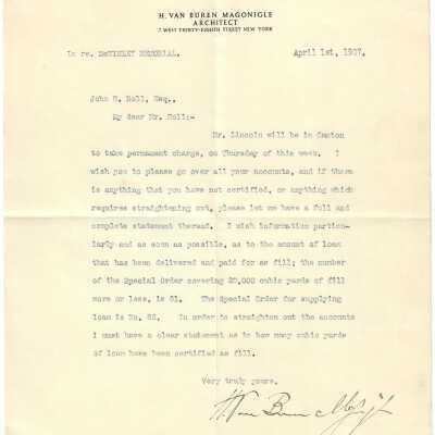 Letter to John H. Holl from H. Van Buren Magonigle, Architect.