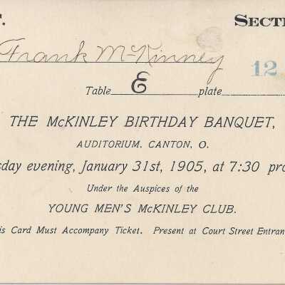 McKinley Banquet Meal Ticket, 1905