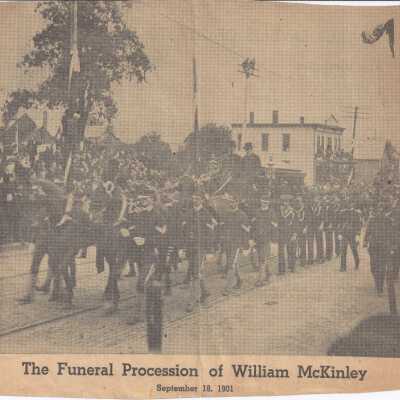 Newspaper clipping of the image of the funeral procession of President McKinley in Canton, Ohio. Title reads "The Funeral Procession of William McKinley. September 18, 1901."